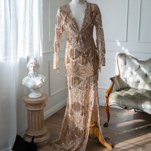 L'ATISTE LONG SLEEVE GOLD SEQUIN TASSLE DRESS SMALL NEW